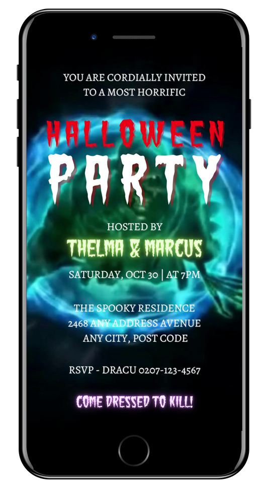 scary neon green halloween ghost skeleton emerging from a black hole howling. red and green text halloween party invite