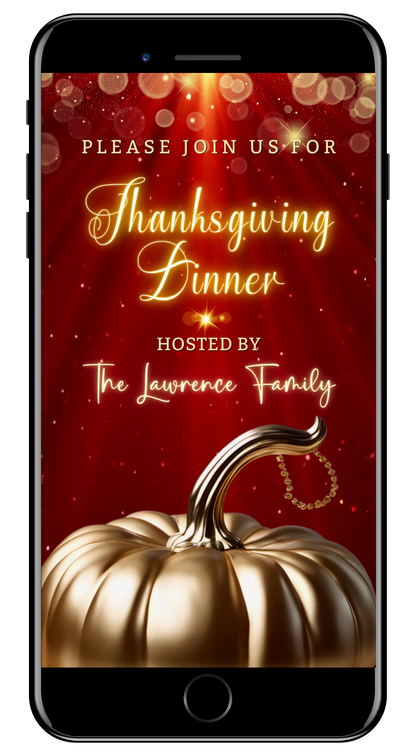 Red Gold Pumpkin Glitter Thanksgiving Dinner Video Invite - Festive Digital Invitation