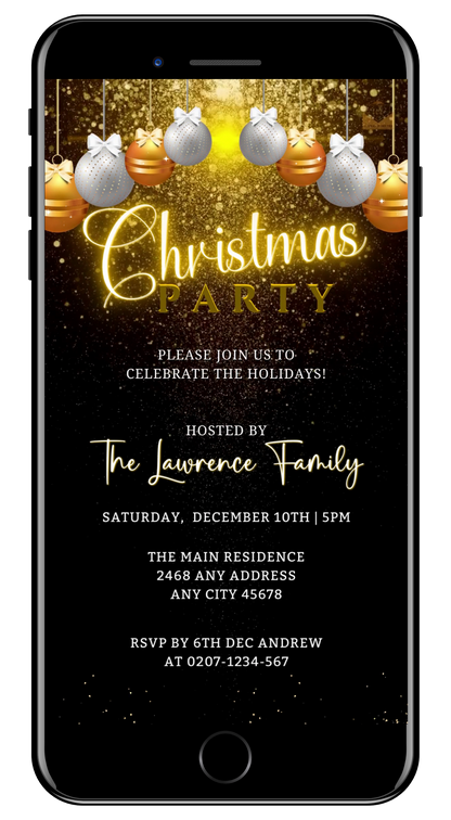 Snowy Gold White Ornaments Glitter | Christmas Party Video Invite