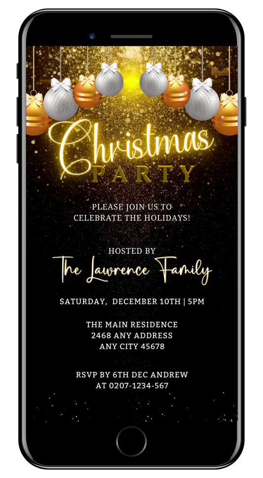 Snowy Gold White Ornaments Glitter | Christmas Party Video Invite