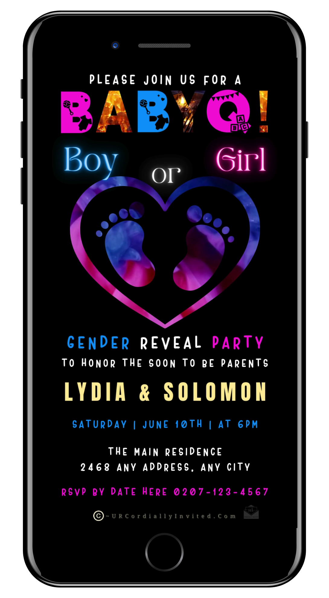 Animated BABYQ Blue Pink Feet Heart Digital Gender Reveal Invite