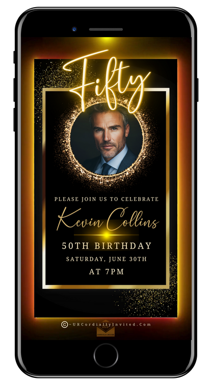 50th Birthday Video Invitation - Black & Gold Oval Photo Frame Animated Invite