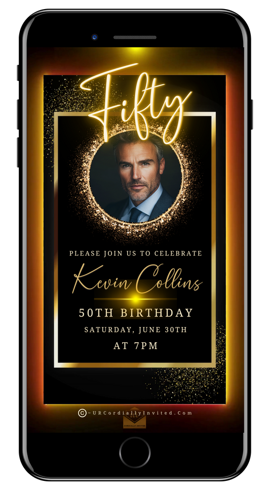 50th Birthday Video Invitation - Black & Gold Oval Photo Frame Animated Invite