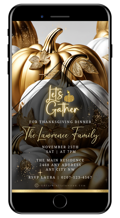 Gold Neon White Pumpkin | Thanksgiving Dinner Video Invite