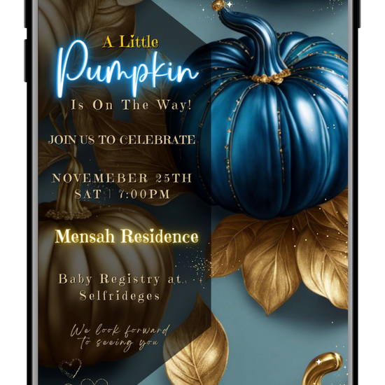 Blue Pumpkin Gold Sparkle | Baby Shower Video Invitation