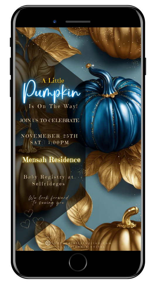 Blue Pumpkin Gold Sparkle | Baby Shower Video Invitation