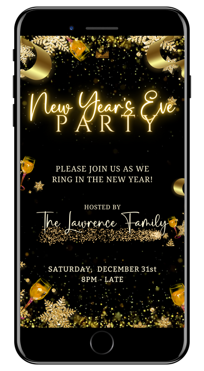 Champagne Theme Glitter New Year’s Eve Animated Party Invitation