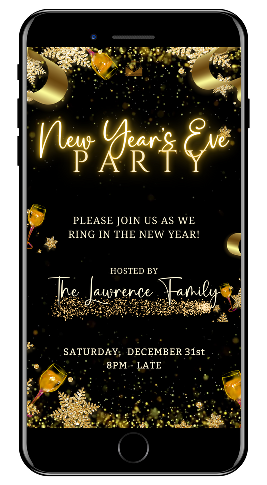 Champagne Theme Glitter New Year’s Eve Animated Party Invitation