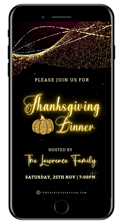 Gold Pumpkin Motion Glitter Thanksgiving Dinner Video Invite - Luxurious Digital Invitation