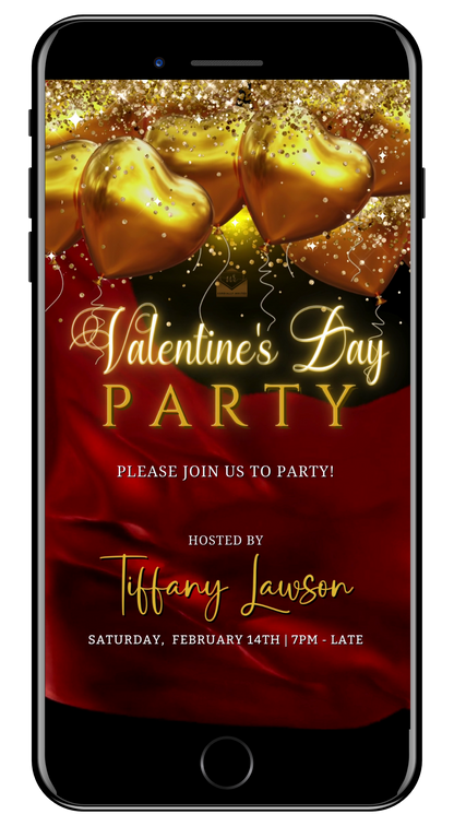 Red Silk Neon Gold Heart Balloons | Valentines Party Invite