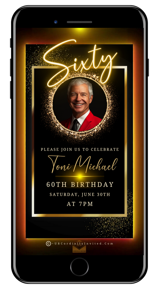 60th Birthday Video Invitation - Black & Gold Oval Photo Frame Animated Invite