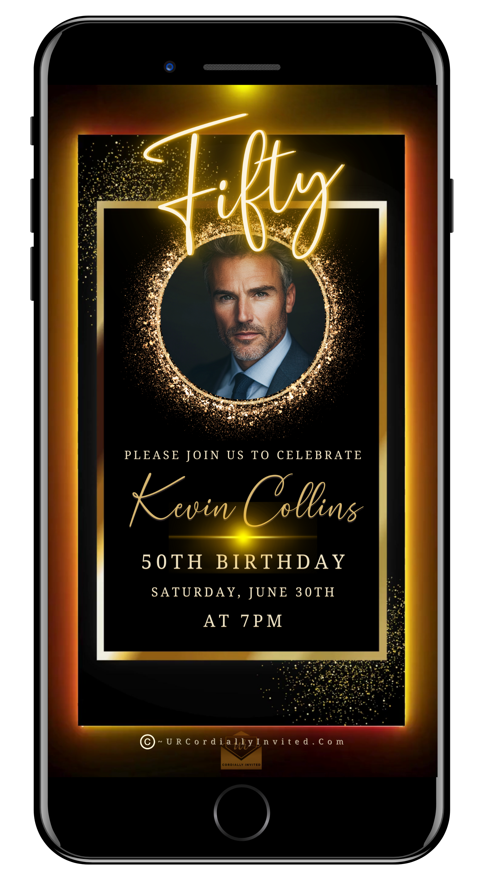 50th Birthday Video Invitation featuring a gold oval photo frame and neon red and gold border