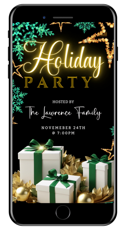 Neon Green Gold Leaves Presents Christmas Video Invitation - Festive Digital Invite