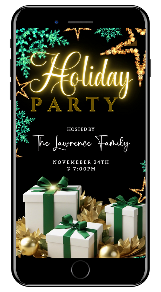 Neon Green Gold Leaves & Presents | Christmas Video Invitation