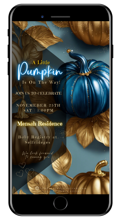 Blue Pumpkin Gold Sparkle | Baby Shower Video Invitation