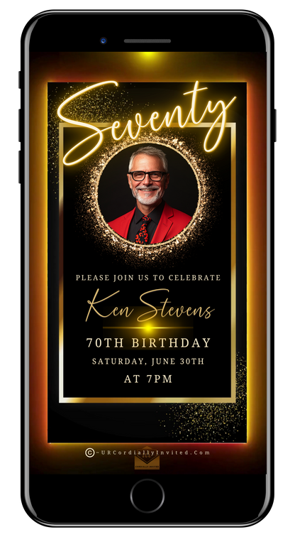 70th Birthday Video Invitation - Black & Gold Oval Photo Frame Animated Invite