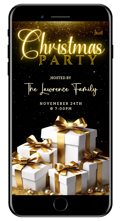 White Gold Leaves Presents Christmas Video Invitation - Elegant Digital Invite