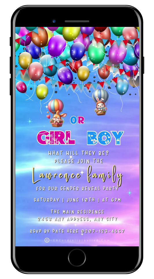 Easter Bunnies In Hot Air Balloons | Digital Gender Reveal Invite