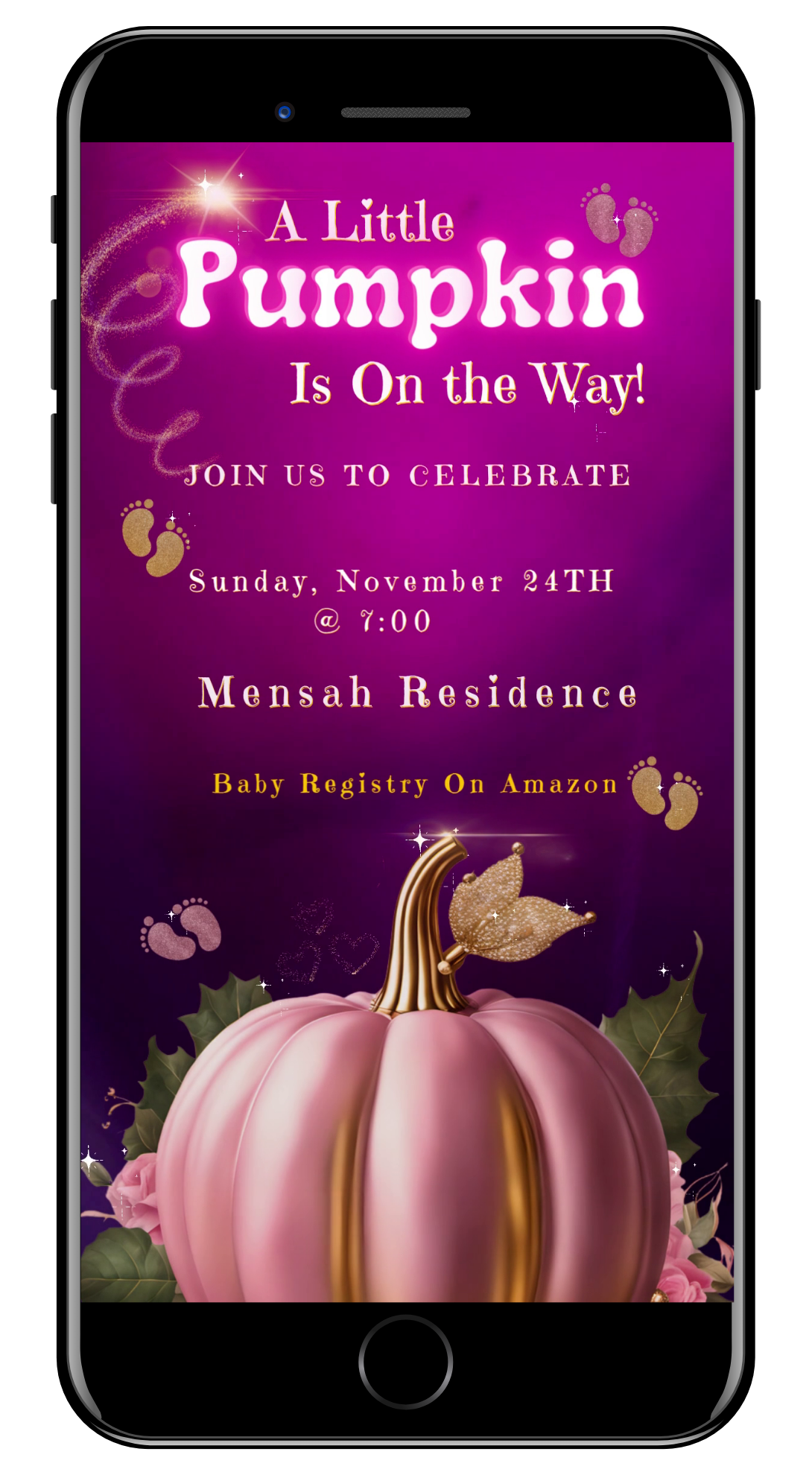 Fall Fuchsia Gold Neon Glitter | Baby Shower Video Invitation