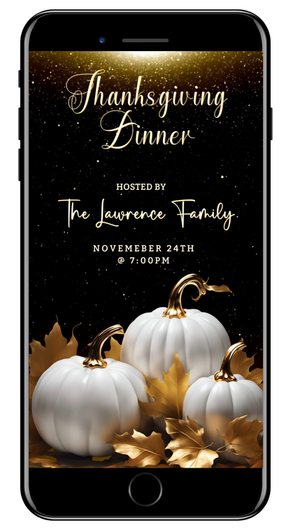 Gold Glitter Neon White Pumpkins Thanksgiving Dinner Video Invite - Festive Digital Invitation