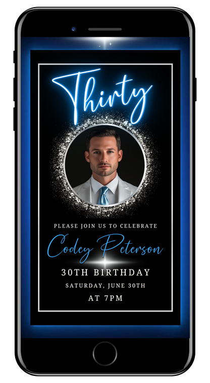 Blue & Silver 30th Birthday Video Invitation - Neon Design for Men