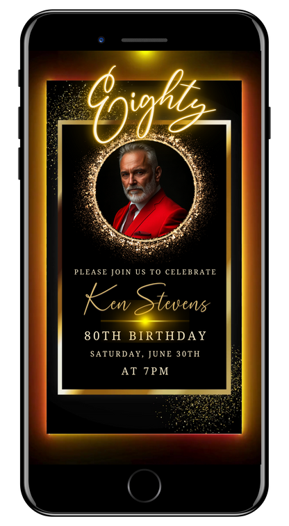 80th Birthday Video Invitation - Black & Gold Oval Photo Frame Animated Invite