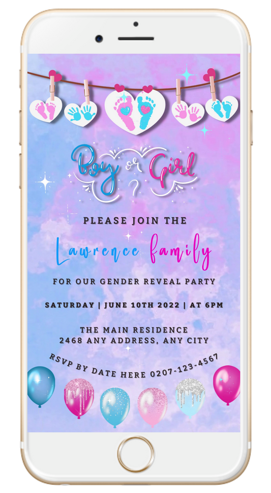 Pink Blue Sky Hearts | Gender Reveal Party Video Invitation
