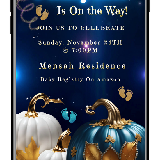 Fall Blue Pumpkin Glitter | Baby Shower Video Invitation