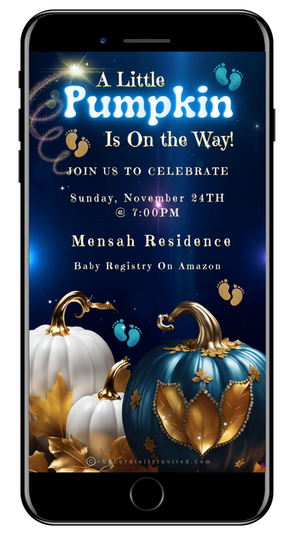 Fall Blue Pumpkin Glitter | Baby Shower Video Invitation