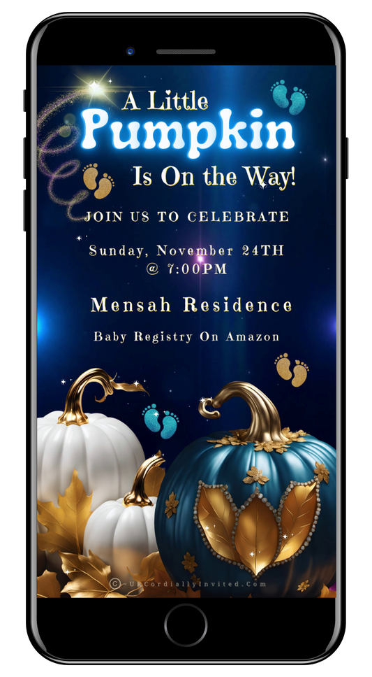 Fall Blue Pumpkin Glitter | Baby Shower Video Invitation