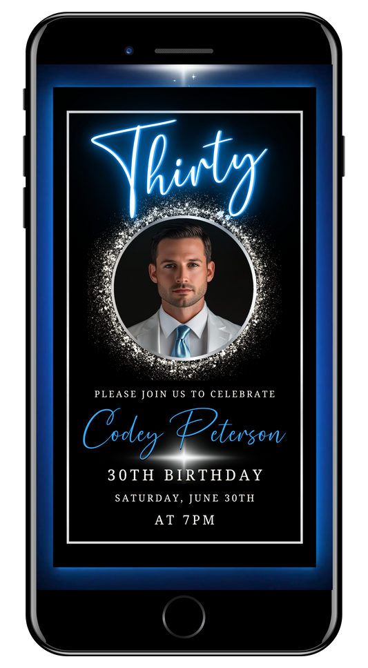 Blue & Silver 30th Birthday Video Invitation - Neon Design for Men