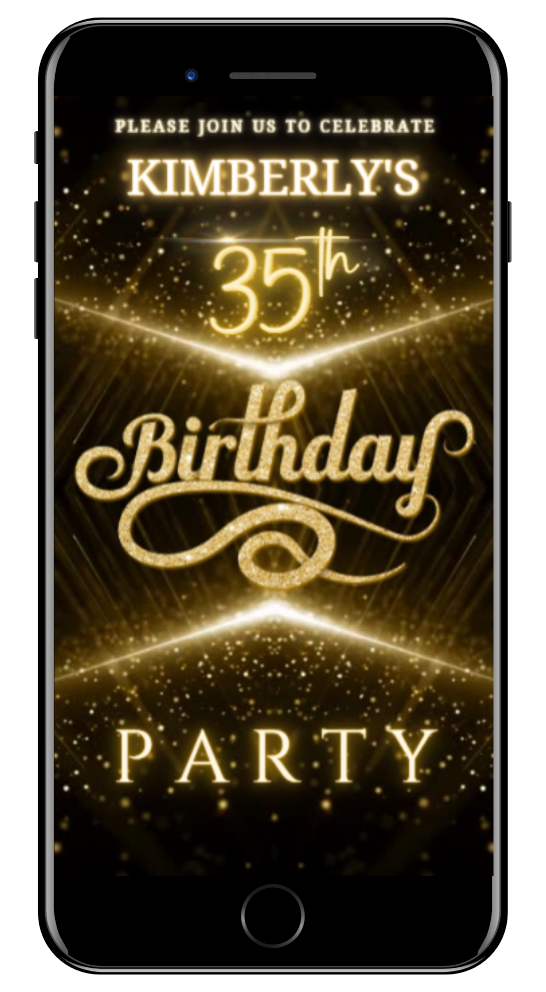 Black Gold Glitter Birthday Video Invitation displayed on multiple smartphones