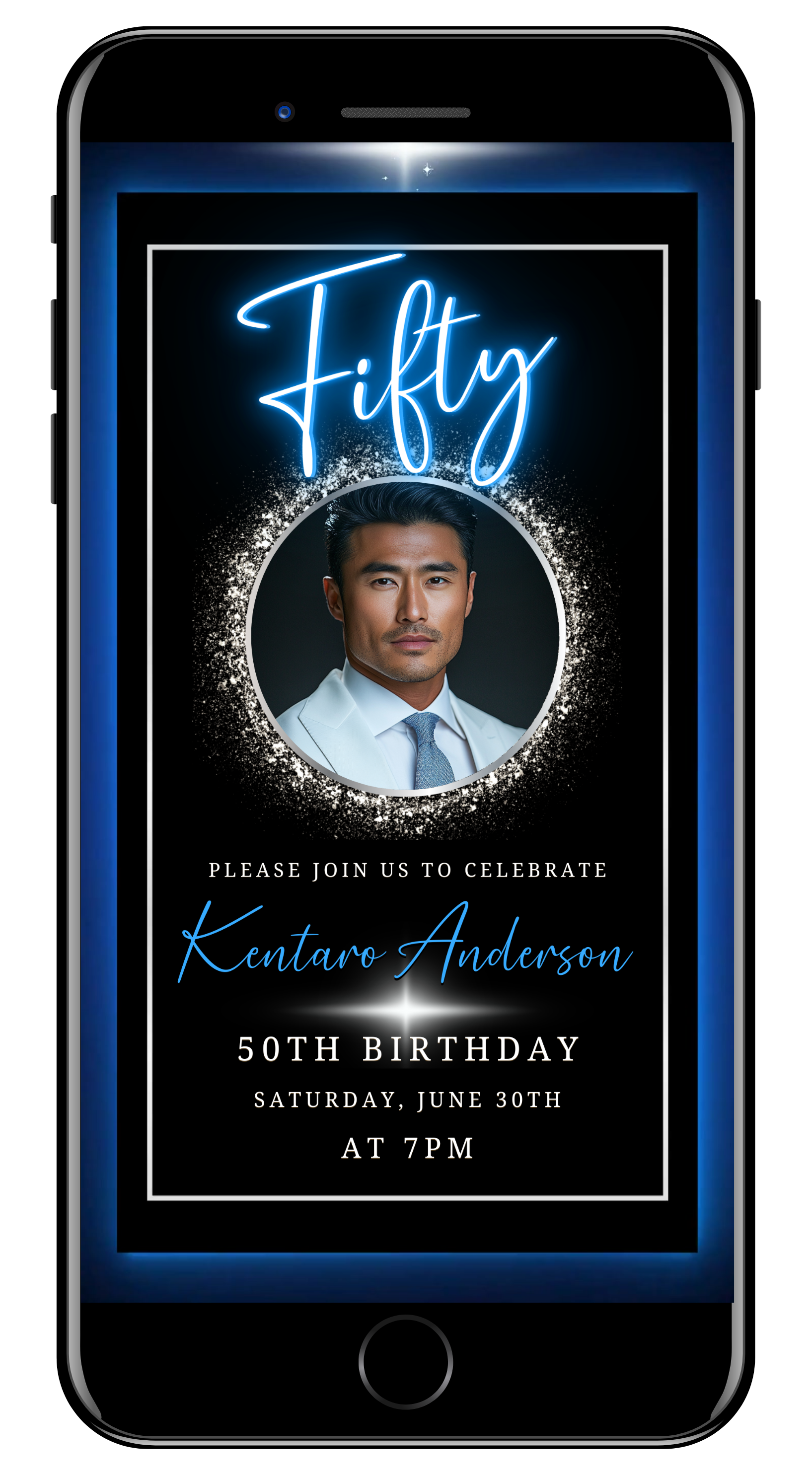 Blue and Silver 50th Birthday Video Invitation with Oval Photo Frame