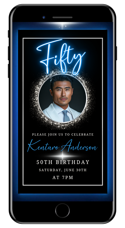 Blue & Silver 50th Birthday Video Invitation - With Oval Photo Frame