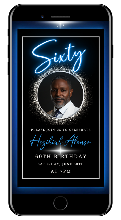 Blue & Silver 60th Birthday Video Invitation - With Oval Photo Frame