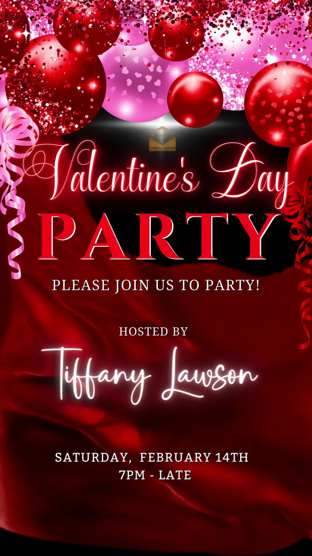 Valentine's party invite template featuring red and pink balloons with editable text, ideal for customization and digital sharing via Canva.
