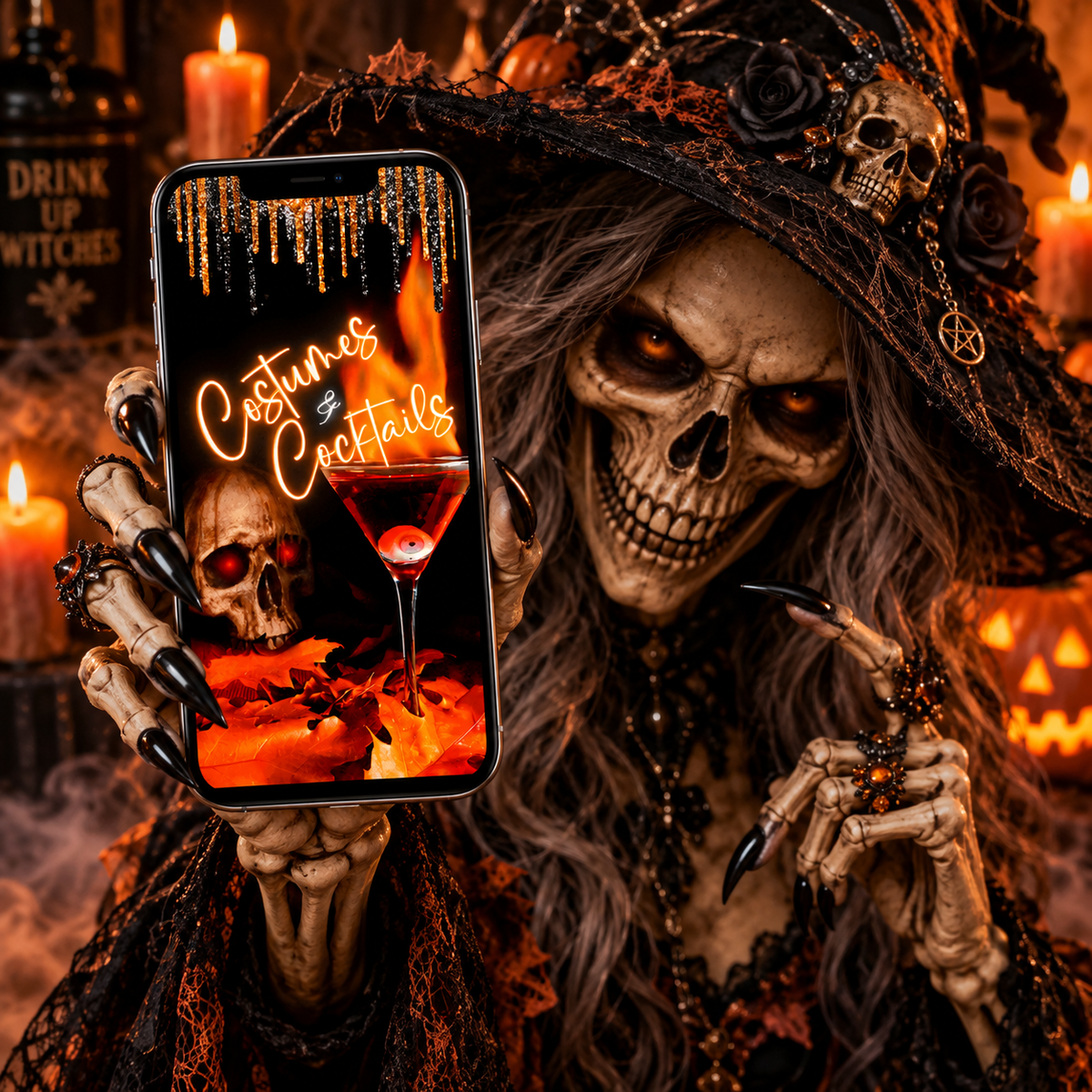 A skeleton witch holds a spooky Halloween video invitation with animated design in dark purple and orange tones.