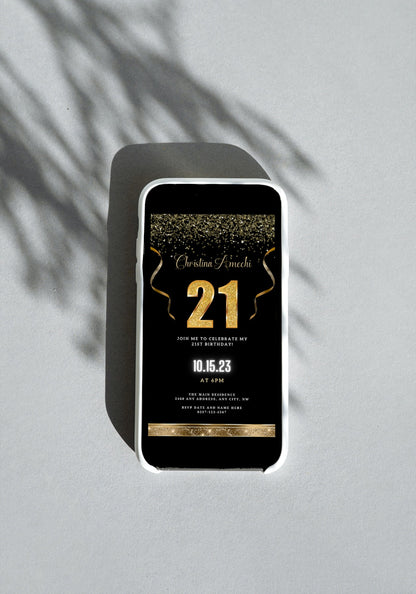 Black Gold Confetti 21st Birthday Evite customizable digital invitation displayed on a smartphone.