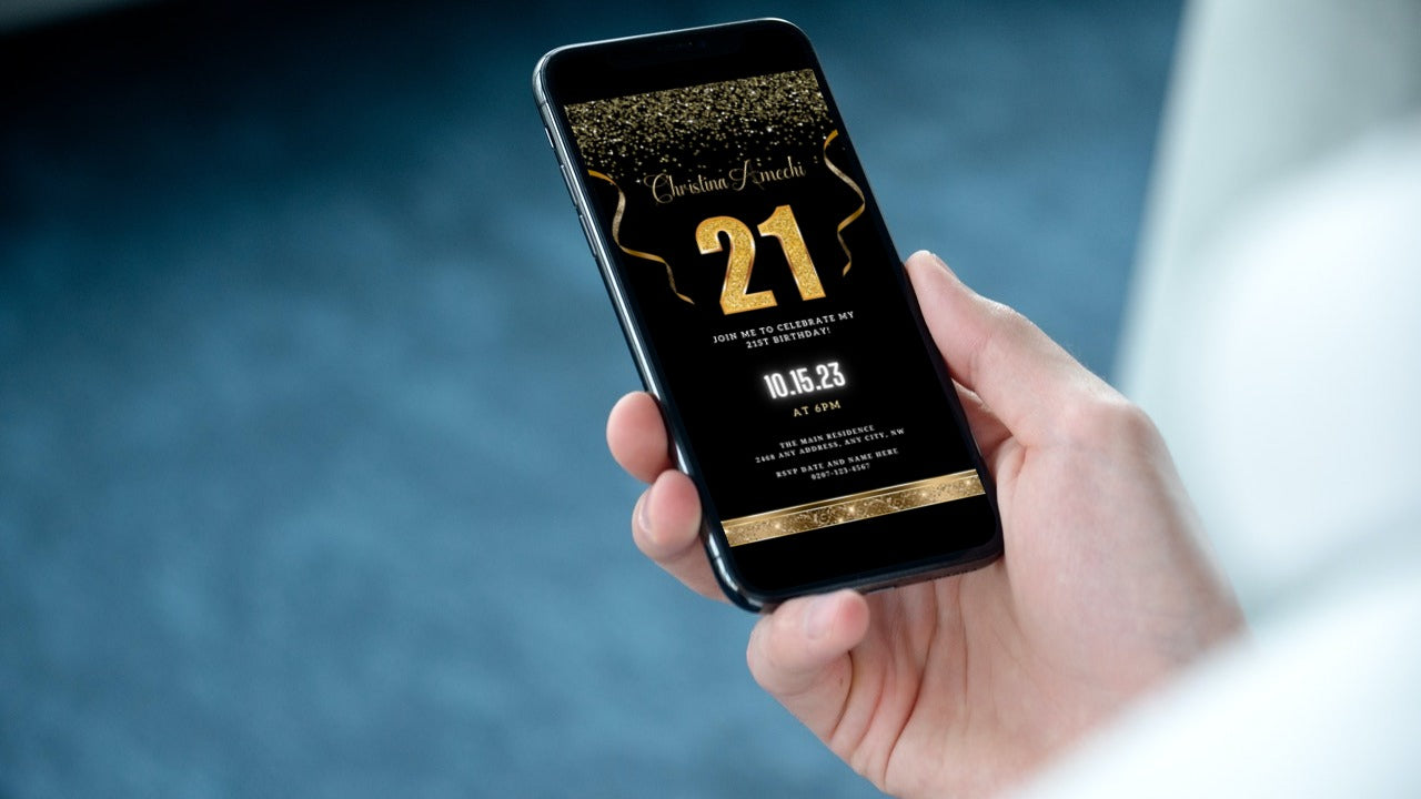 A hand holding a smartphone displaying the customizable Black Gold Confetti 21st Birthday Evite from URCordiallyInvited.