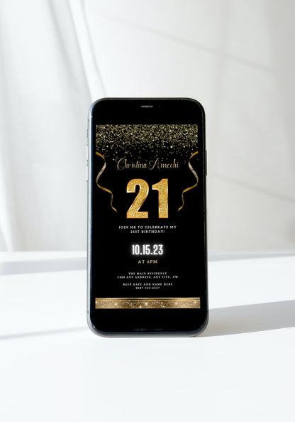 Customizable Digital Black Gold Confetti 21st Birthday Evite displayed on a smartphone screen, featuring celebratory gold text and confetti design elements.