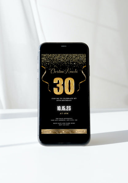 Customizable Digital Black Gold Confetti 30th Birthday Evite displayed on a smartphone screen with gold text and confetti.
