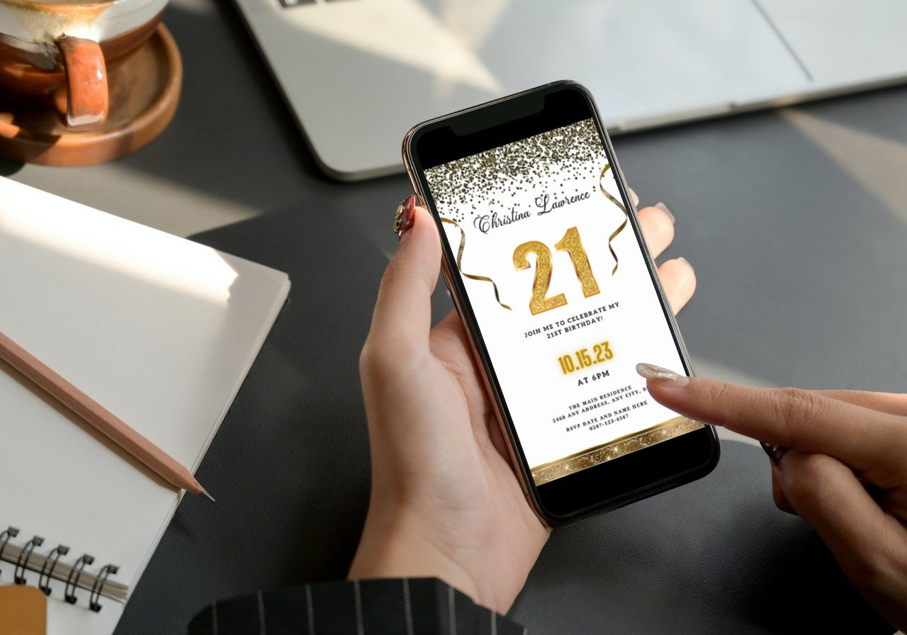 A person holding a phone displaying a customizable White Gold Confetti 21st Birthday Evite template from URCordiallyInvited, ready for personalization via Canva.