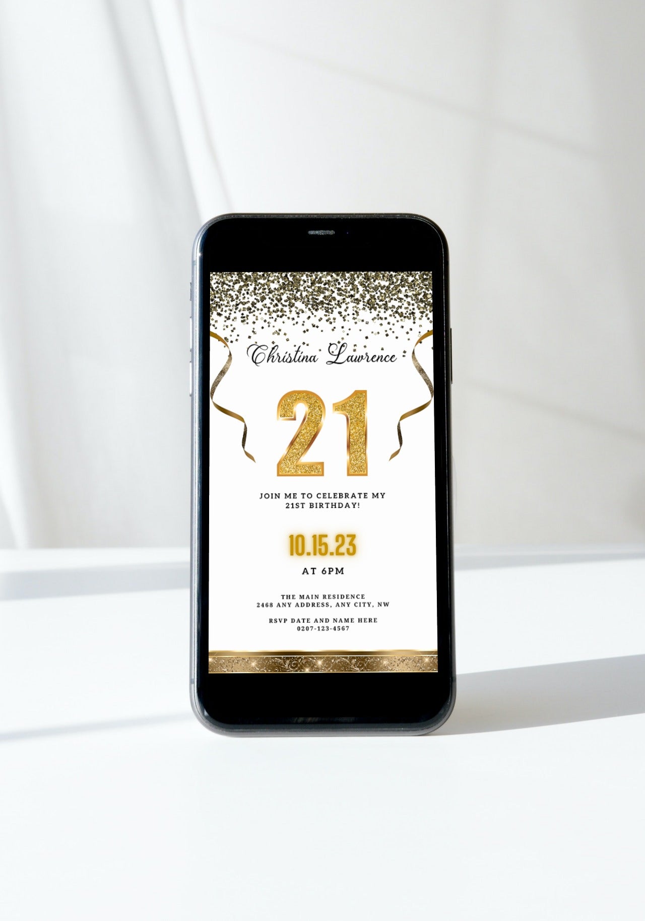 Customizable White Gold Confetti 21st Birthday Evite, displayed on a smartphone screen. Perfect for personalizing and sharing digitally via text, email, or messaging apps.