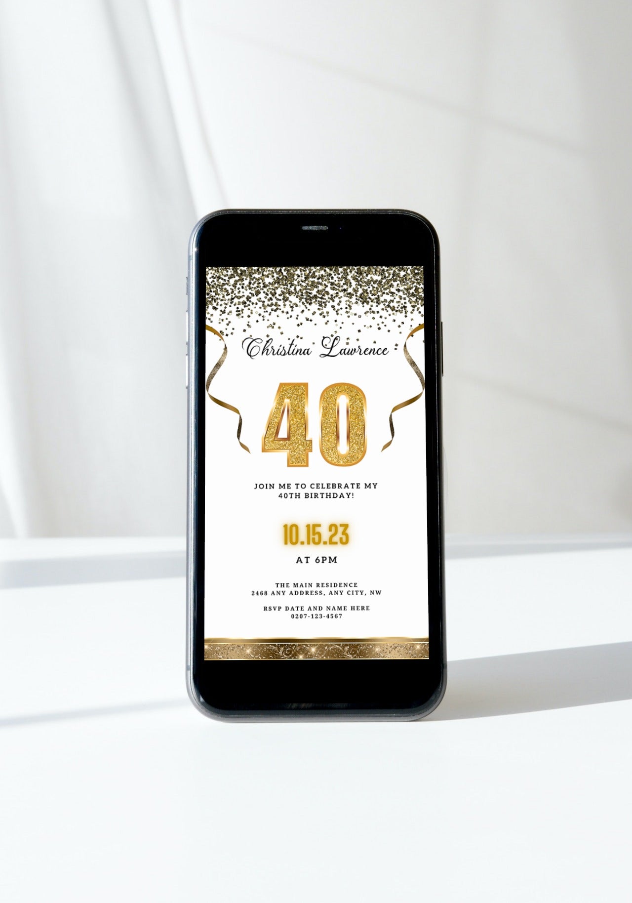 White Gold Confetti 40th Birthday Evite displayed on a smartphone screen for easy customization and electronic sharing via Canva.