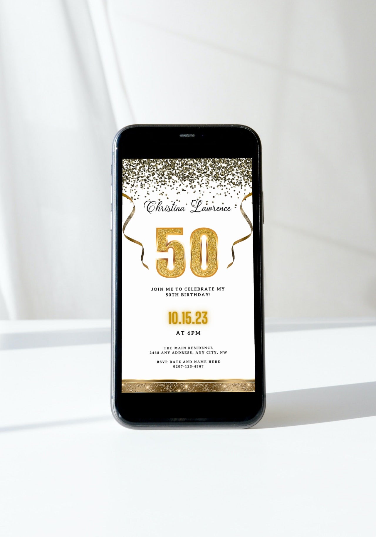 White Gold Confetti | 50th Birthday Evite displayed on a smartphone screen, featuring gold text and decorative ribbons.