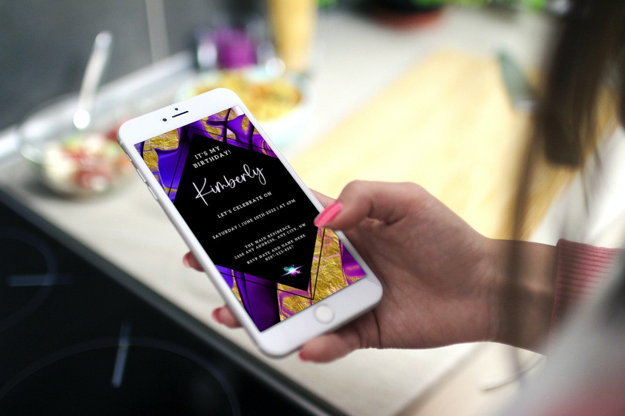 Hand holding a smartphone displaying the Purple Gold Ankara Editable Birthday Evite, a customizable digital invitation template available for instant download and personalization via Canva.
