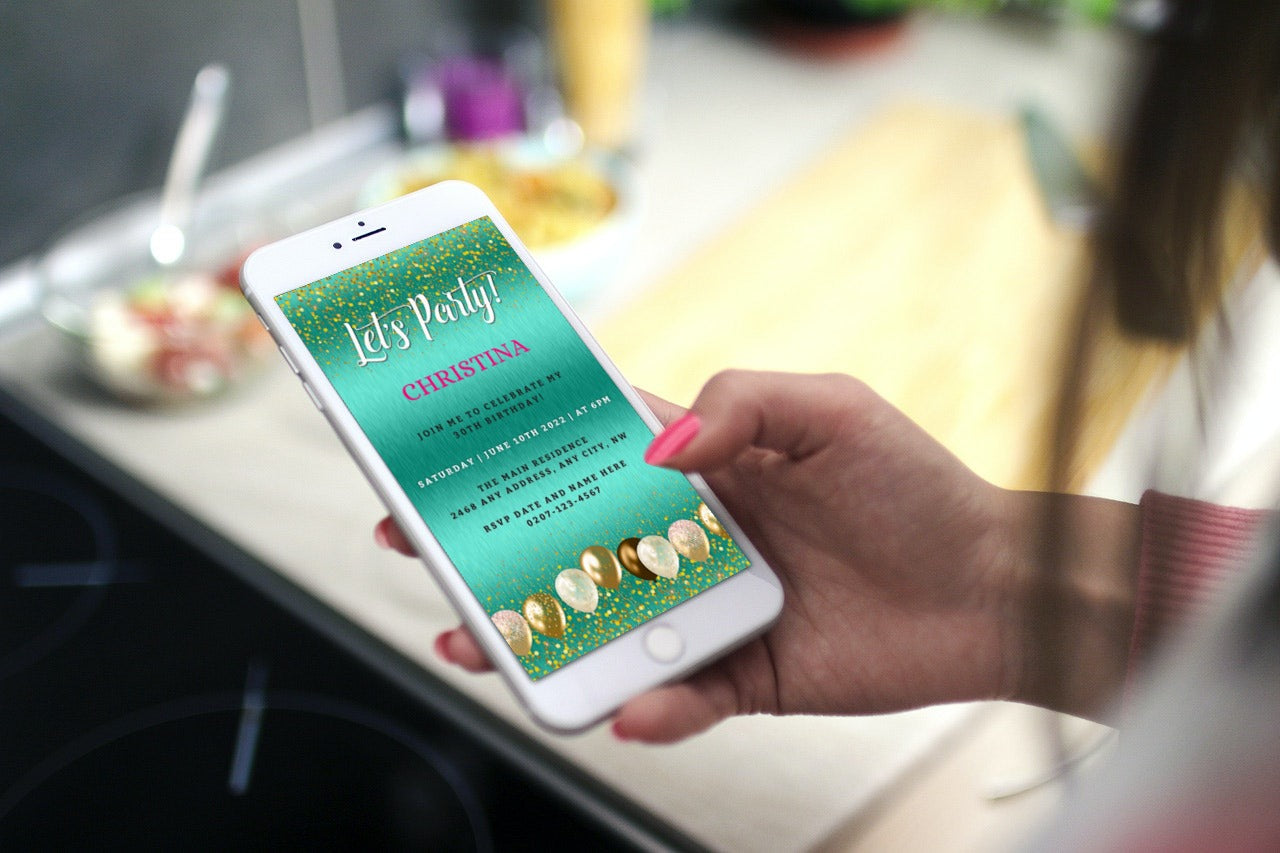 Hand holding a phone displaying a Teal Gold Balloons Editable Birthday Evite, customizable with Canva for easy event personalization.