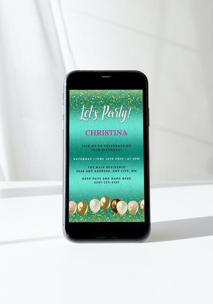 Editable Teal Gold Balloons Birthday Evite displayed on a smartphone, featuring customizable text with party details and celebratory balloon graphics.