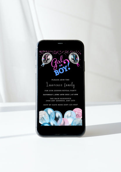 Customizable digital gender reveal evite featuring pink and blue balloons on a smartphone screen, perfect for boy or girl announcement.