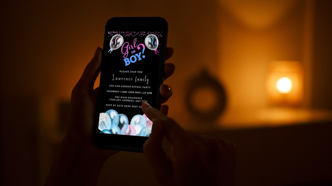 Person holding a smartphone displaying a customizable digital invitation for a Black Blue Pink Boy Or Girl Balloons gender reveal event.